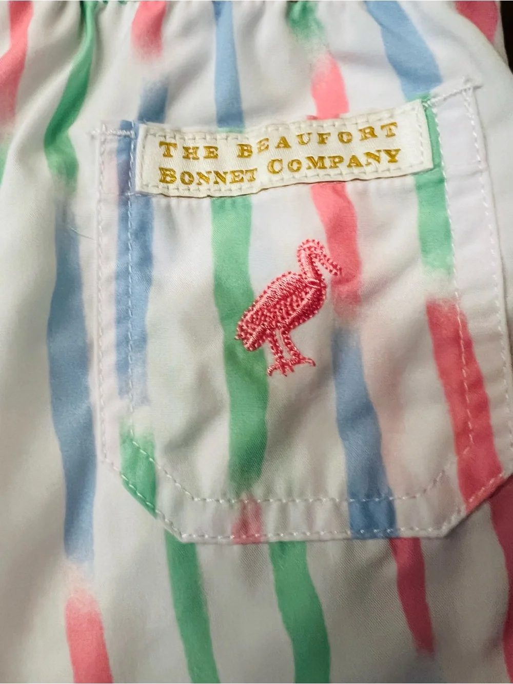 The Beaufort Bonnet Company Boys' White Swim Trunks with Pastel Stripes